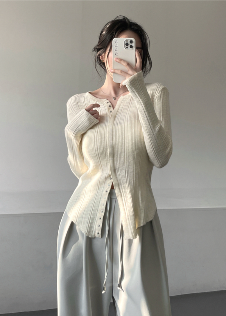 Ribbed Snap Button Long Sleeve Cardigan