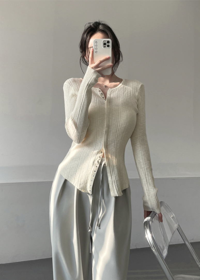 Ribbed Snap Button Long Sleeve Cardigan