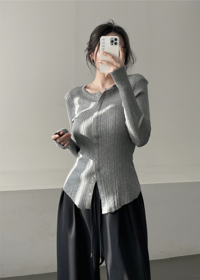 Ribbed Snap Button Long Sleeve Cardigan