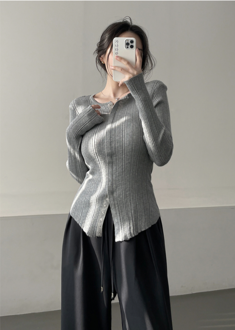 Ribbed Snap Button Long Sleeve Cardigan