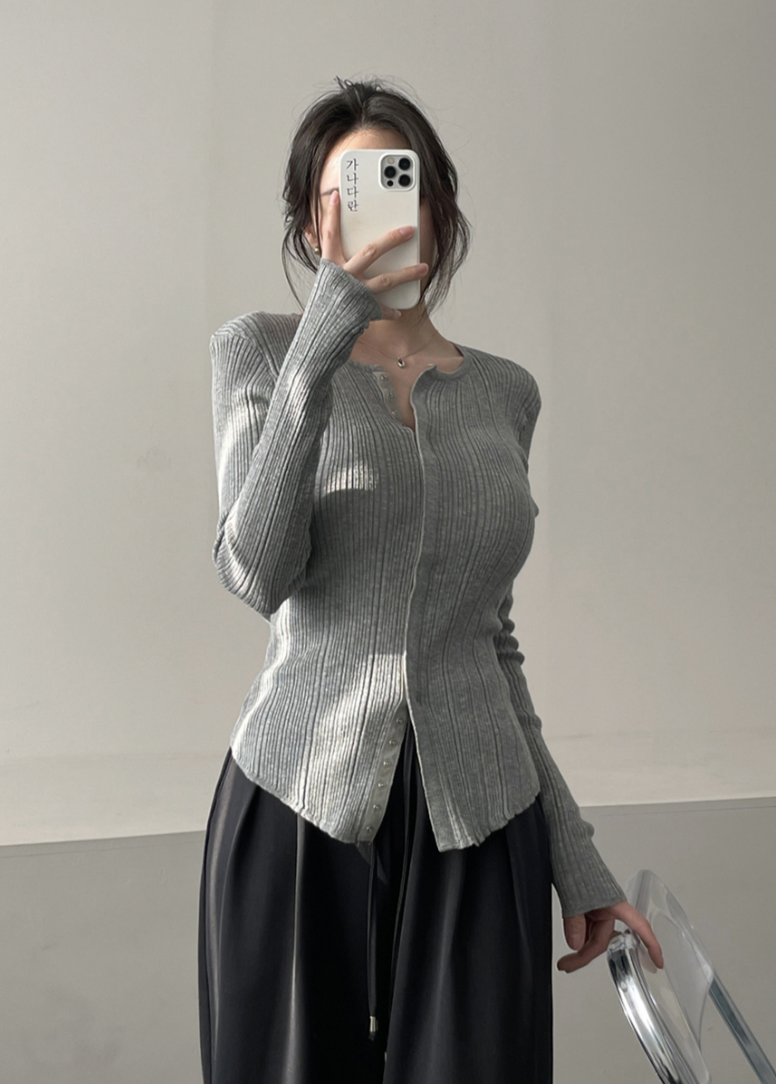 Ribbed Snap Button Long Sleeve Cardigan